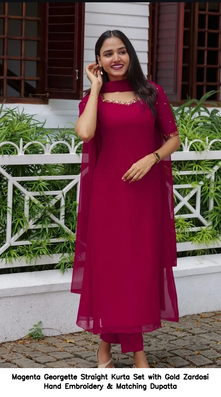 ​Magenta Georgette Straight Kurta Set with Gold Zardosi Hand Embroidery & Matching Dupatta