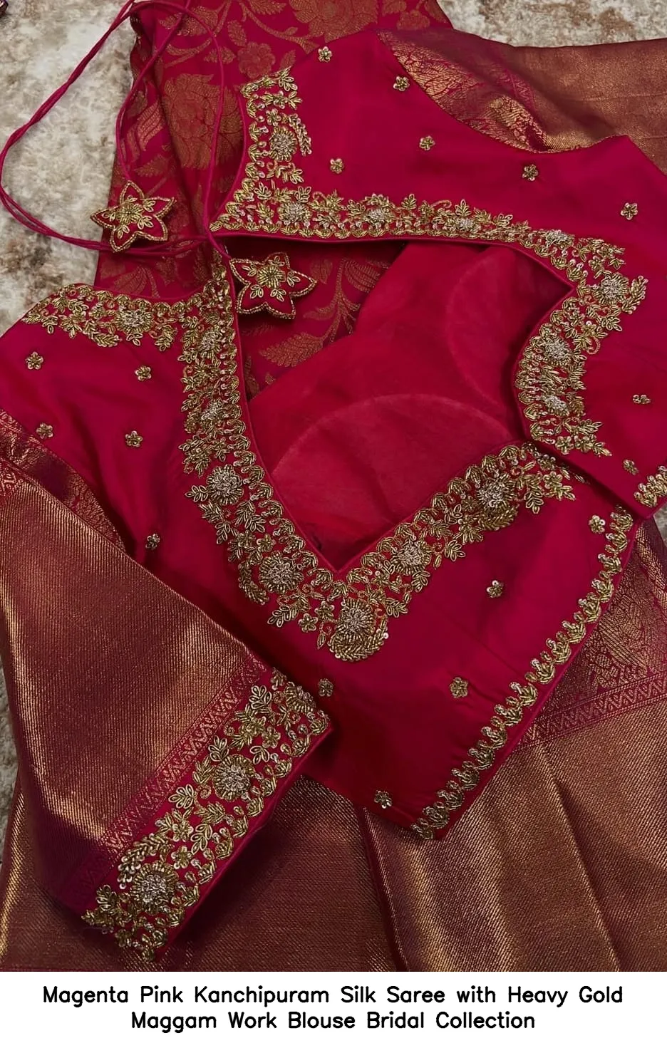 ​Magenta Pink Kanchipuram Silk Saree with Heavy Gold Maggam Work Blouse – Bridal Collection