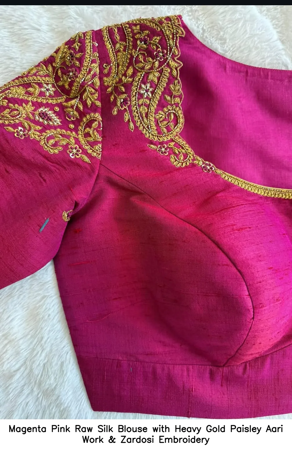 ​Magenta Pink Raw Silk Blouse with Heavy Gold Paisley Aari Work & Zardosi Embroidery