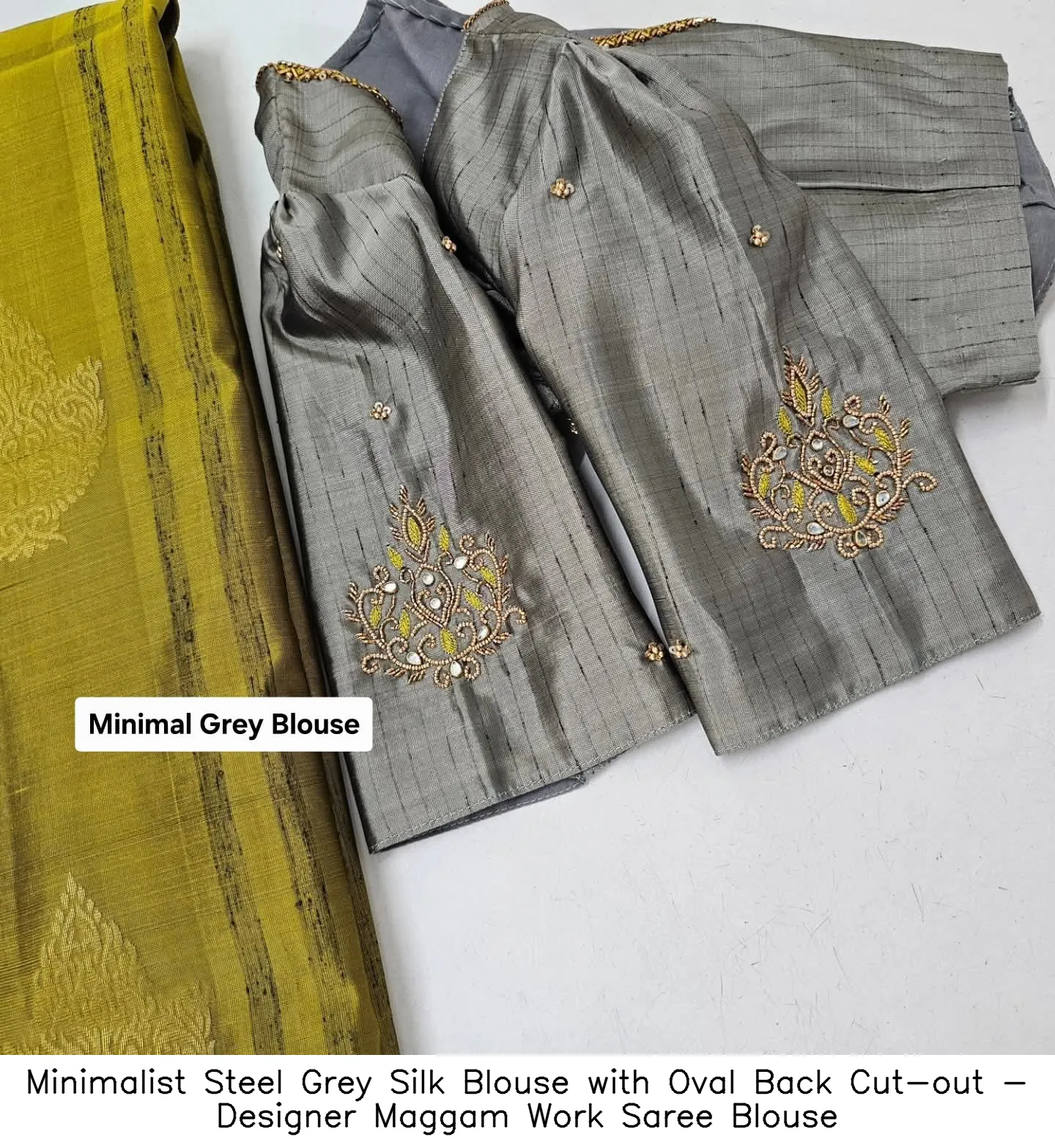 ​Minimalist Steel Grey Silk Blouse with Oval Back Cut-out - Designer Maggam Work Saree Blouse
