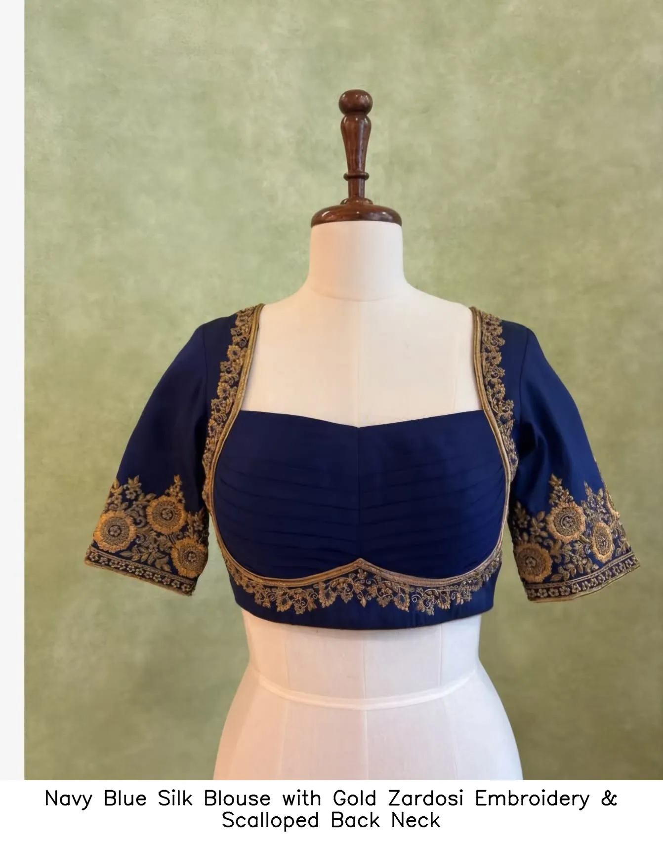 ​Navy Blue Silk Blouse with Gold Zardosi Embroidery & Scalloped Back Neck