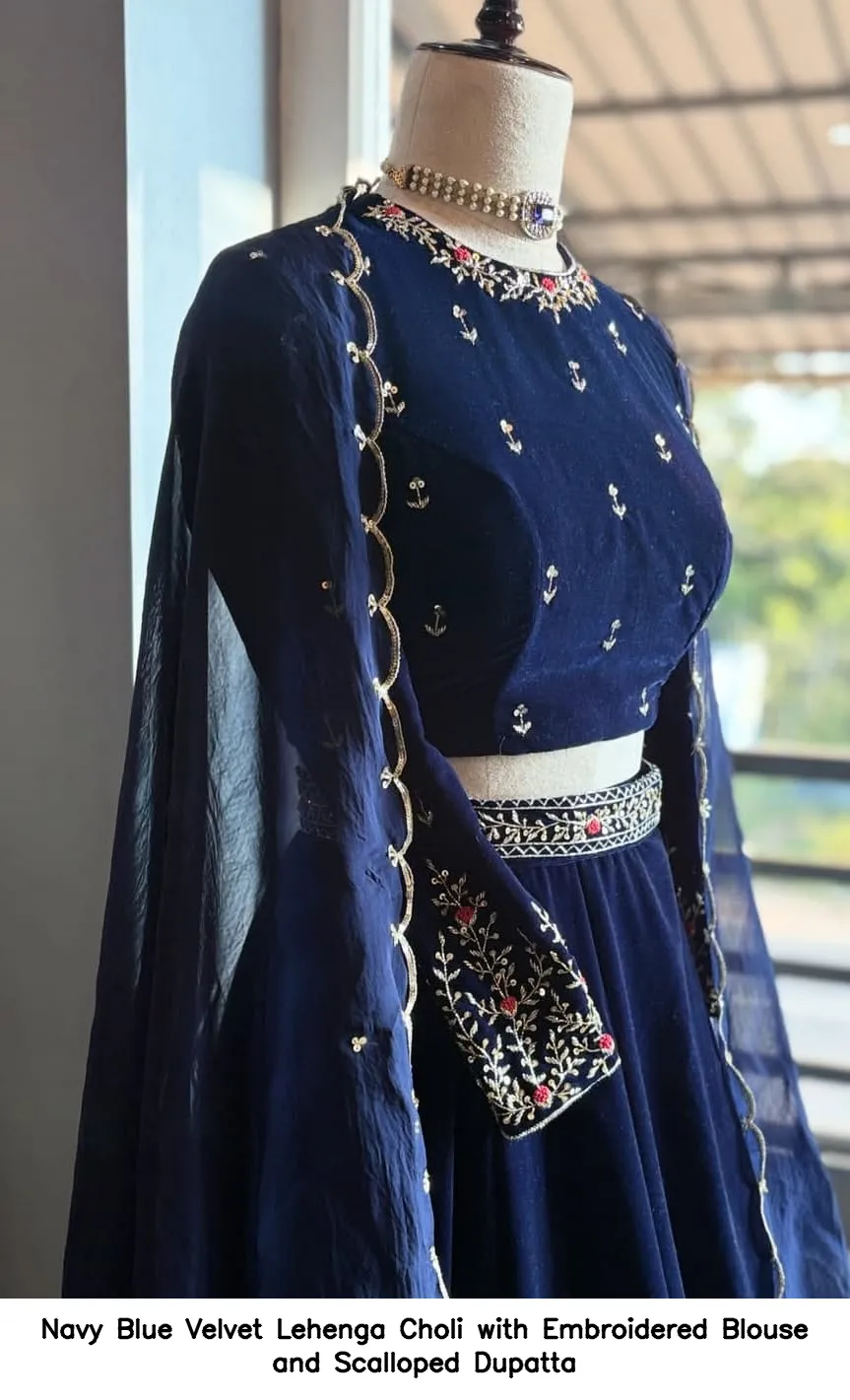 ​Navy Blue Velvet Lehenga Choli with Embroidered Blouse and Scalloped Dupatta