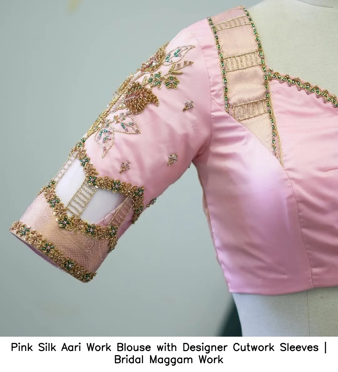 ​Pink Silk Aari Work Blouse with Designer Cutwork Sleeves | Bridal Maggam Work