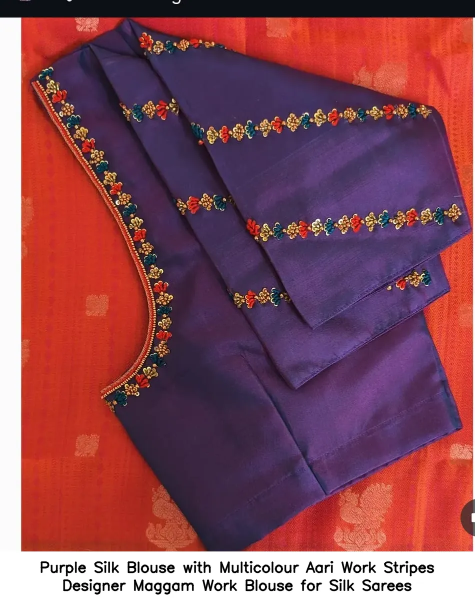 ​Purple Silk Blouse with Multicolour Aari Work Stripes – Designer Maggam Work Blouse for Silk Sarees