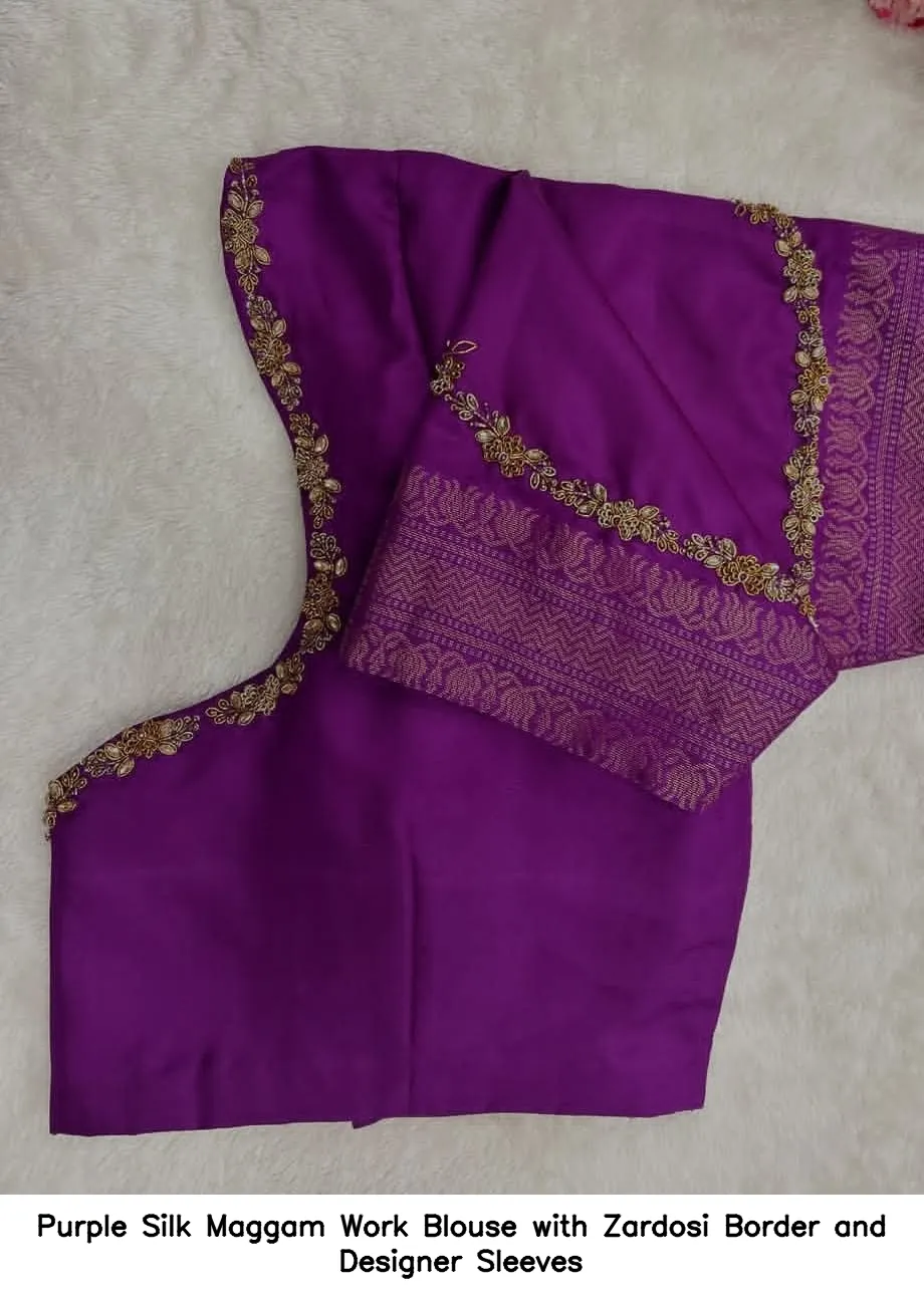 ​Purple Silk Maggam Work Blouse with Zardosi Border and Designer Sleeves