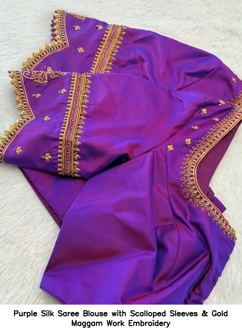 ​Purple Silk Saree Blouse with Scalloped Sleeves & Gold Maggam Work Embroidery