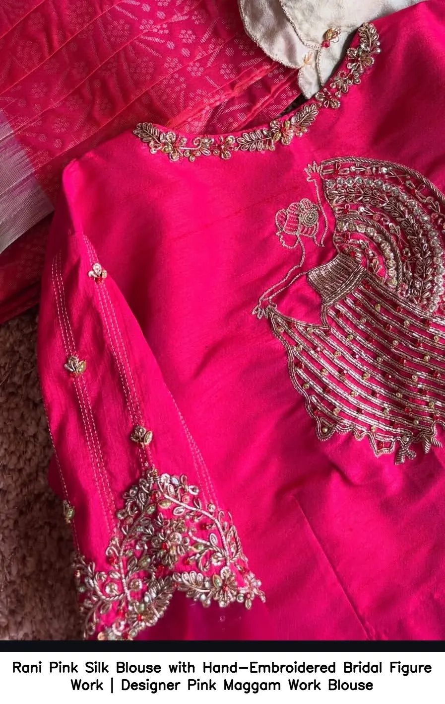 ​Rani Pink Silk Blouse with Hand-Embroidered Bridal Figure Work | Designer Pink Maggam Work Blouse