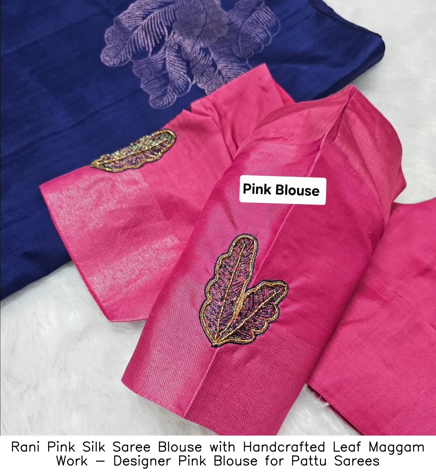 ​Rani Pink Silk Saree Blouse with Handcrafted Leaf Maggam Work - Designer Pink Blouse for Pattu Sarees