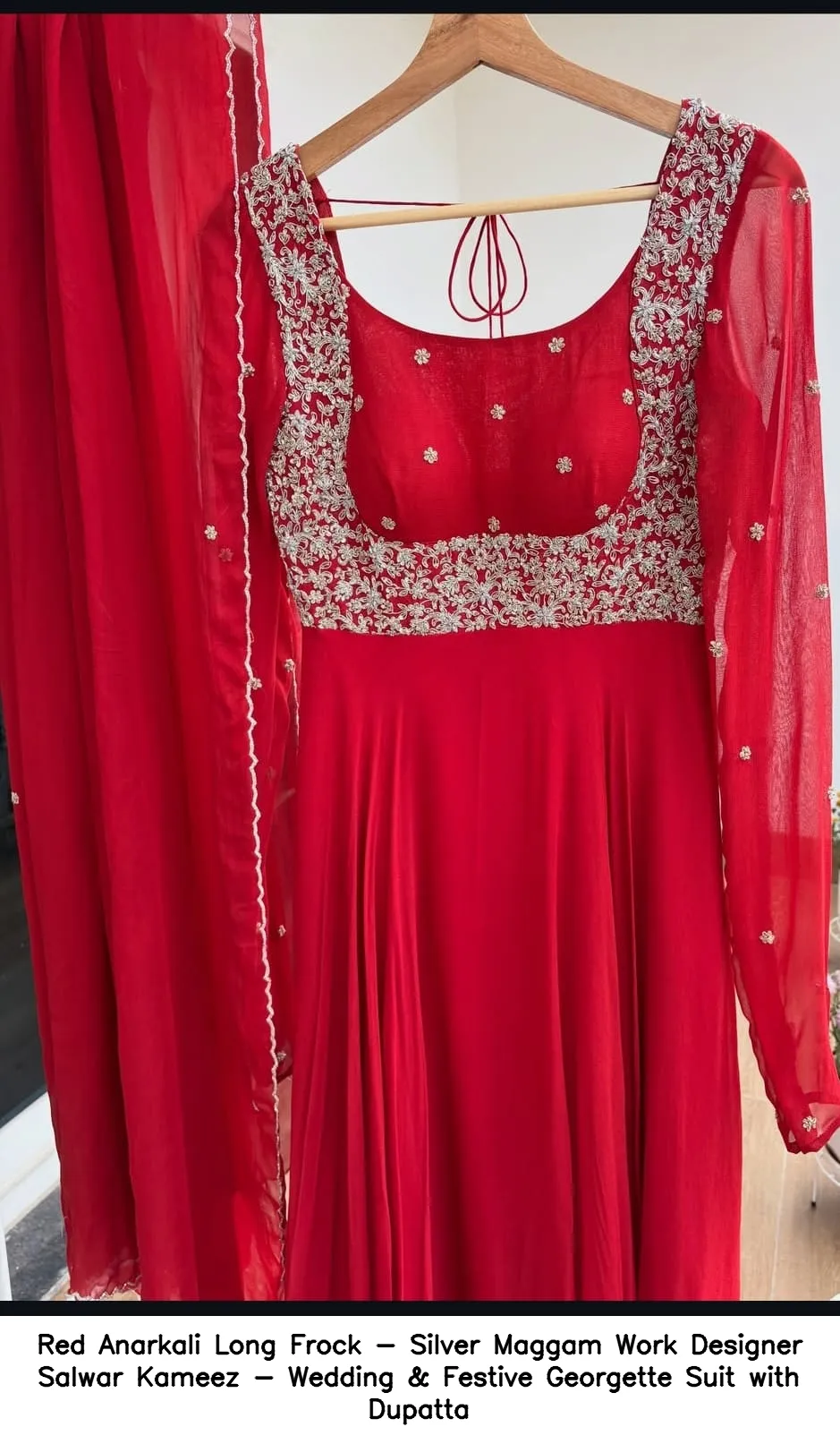 ​Red Anarkali Long Frock - Silver Maggam Work Designer Salwar Kameez - Wedding & Festive Georgette Suit with Dupatta