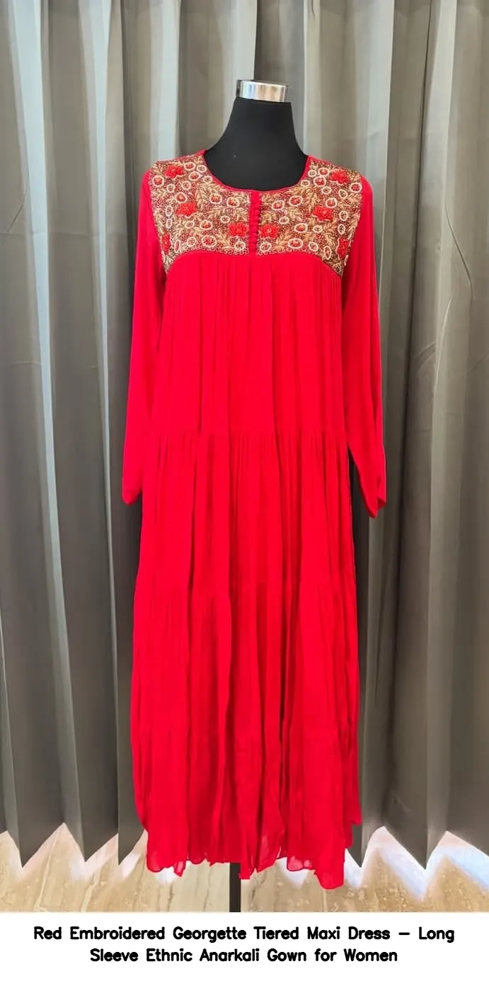 ​Red Embroidered Georgette Tiered Maxi Dress - Long Sleeve Ethnic Anarkali Gown for Women