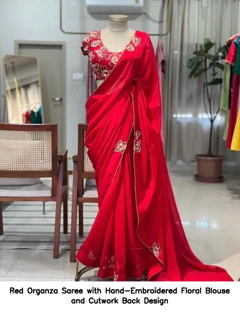 ​Red Organza Saree with Hand-Embroidered Floral Blouse and Cutwork Back Design