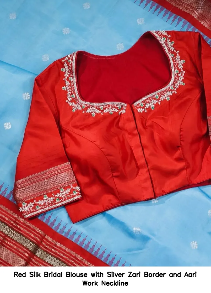 ​Red Silk Bridal Blouse with Silver Zari Border and Aari Work Neckline