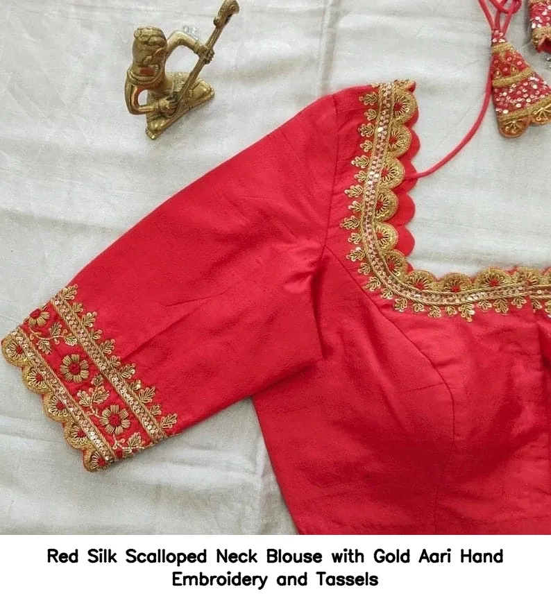 ​Red Silk Scalloped Neck Blouse with Gold Aari Hand Embroidery and Tassels