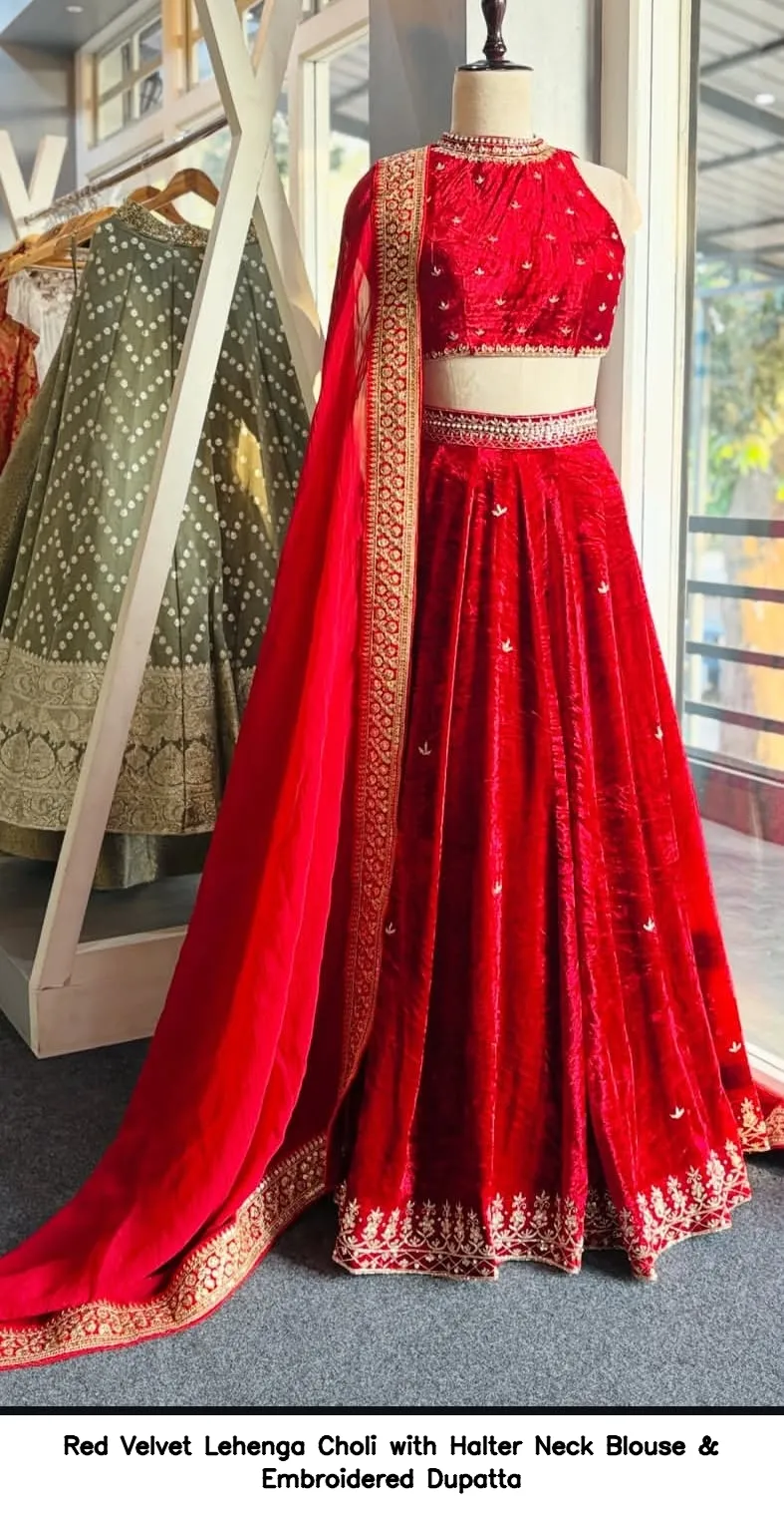 ​Red Velvet Lehenga Choli with Halter Neck Blouse & Embroidered Dupatta