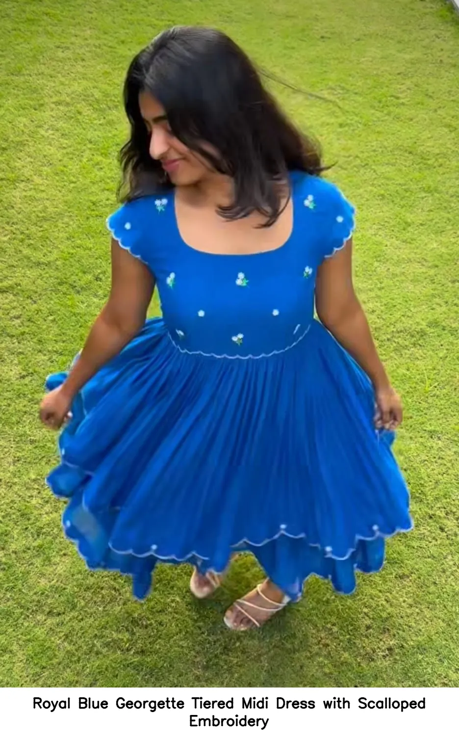 ​Royal Blue Georgette Tiered Midi Dress with Scalloped Embroidery