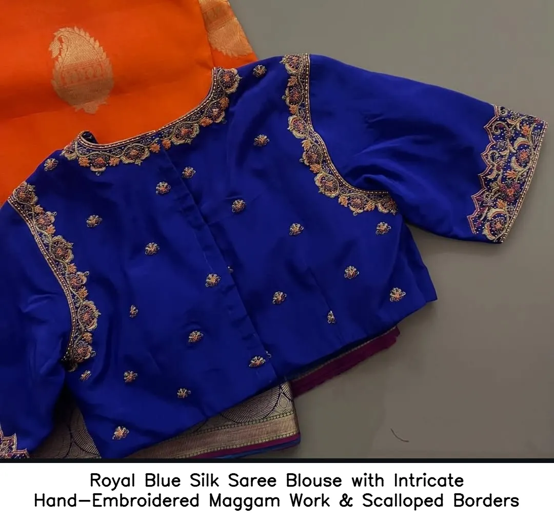 ​Royal Blue Silk Saree Blouse with Intricate Hand-Embroidered Maggam Work & Scalloped Borders