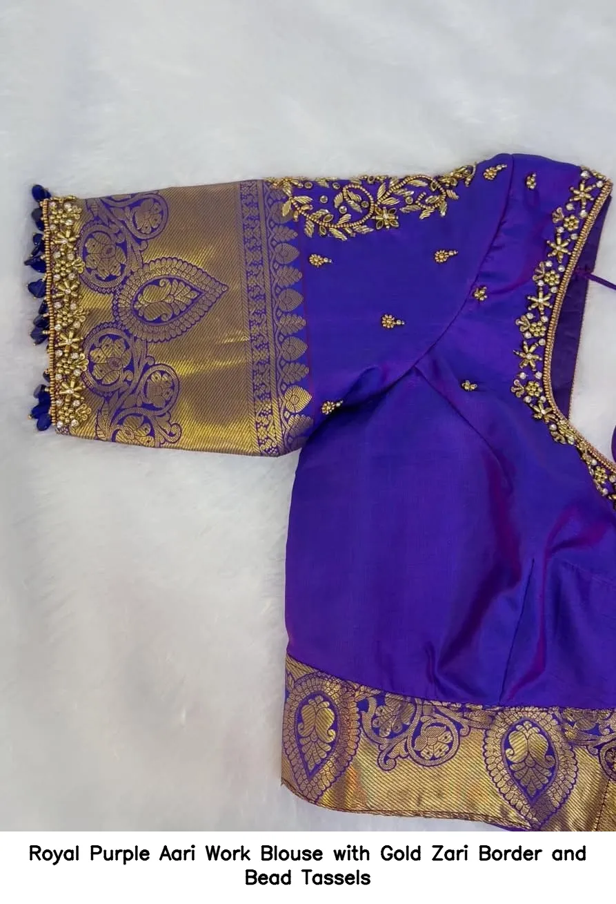 ​Royal Purple Aari Work Blouse with Gold Zari Border and Bead Tassels