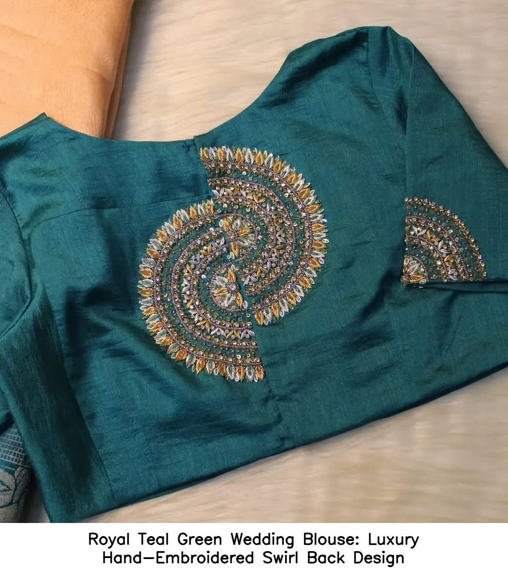 ​Royal Teal Green Wedding Blouse: Luxury Hand-Embroidered Swirl Back Design