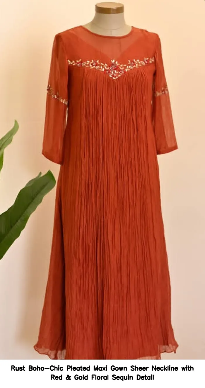 ​Rust Boho-Chic Pleated Maxi Gown – Sheer Neckline with Red & Gold Floral Sequin Detail