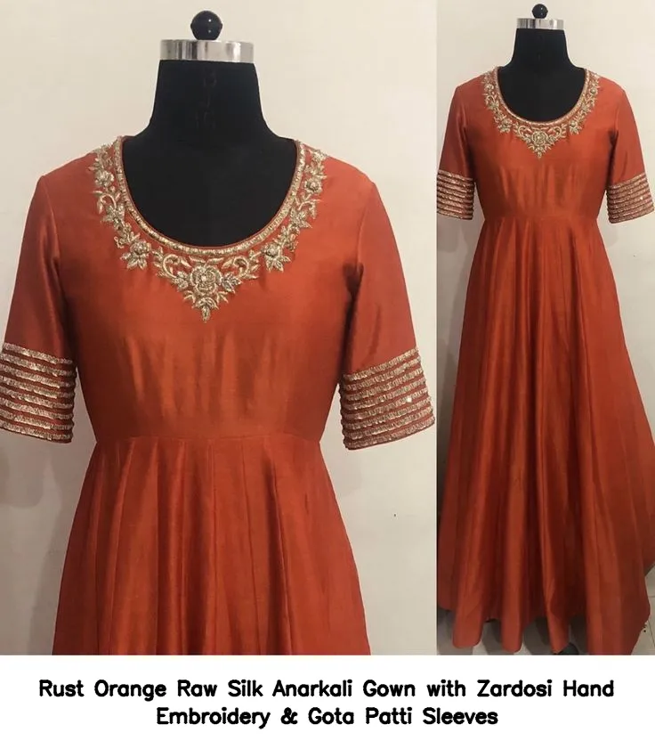 ​Rust Orange Raw Silk Anarkali Gown with Zardosi Hand Embroidery & Gota Patti Sleeves
