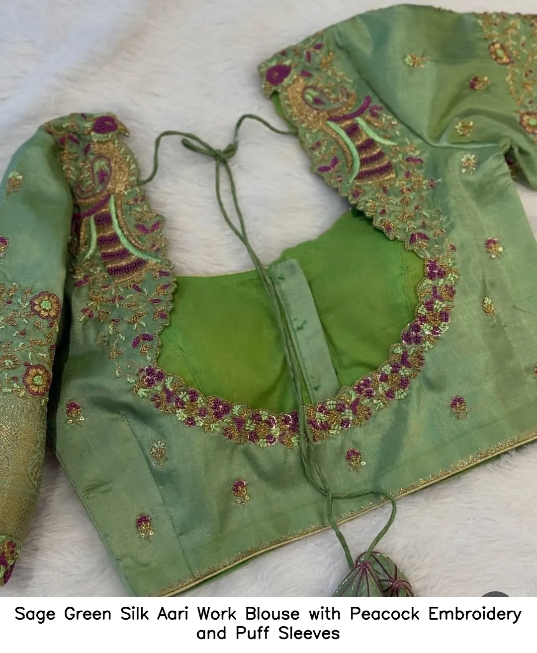 ​Sage Green Silk Aari Work Blouse with Peacock Embroidery and Puff Sleeves