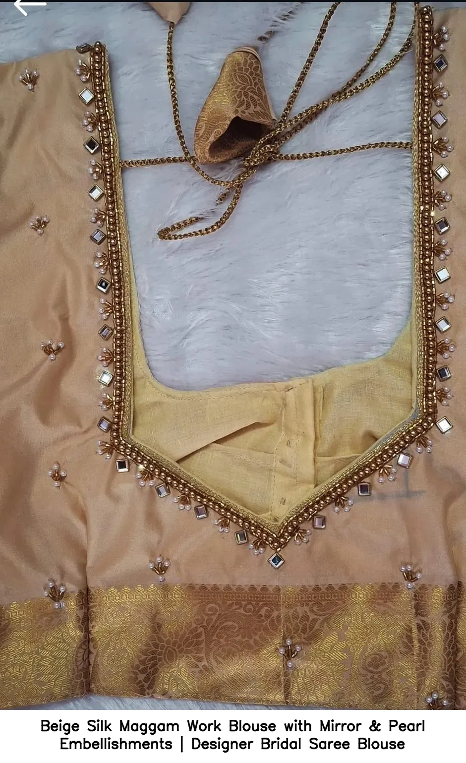 ​​Beige Silk Maggam Work Blouse with Mirror & Pearl Embellishments | Designer Bridal Saree Blouse
