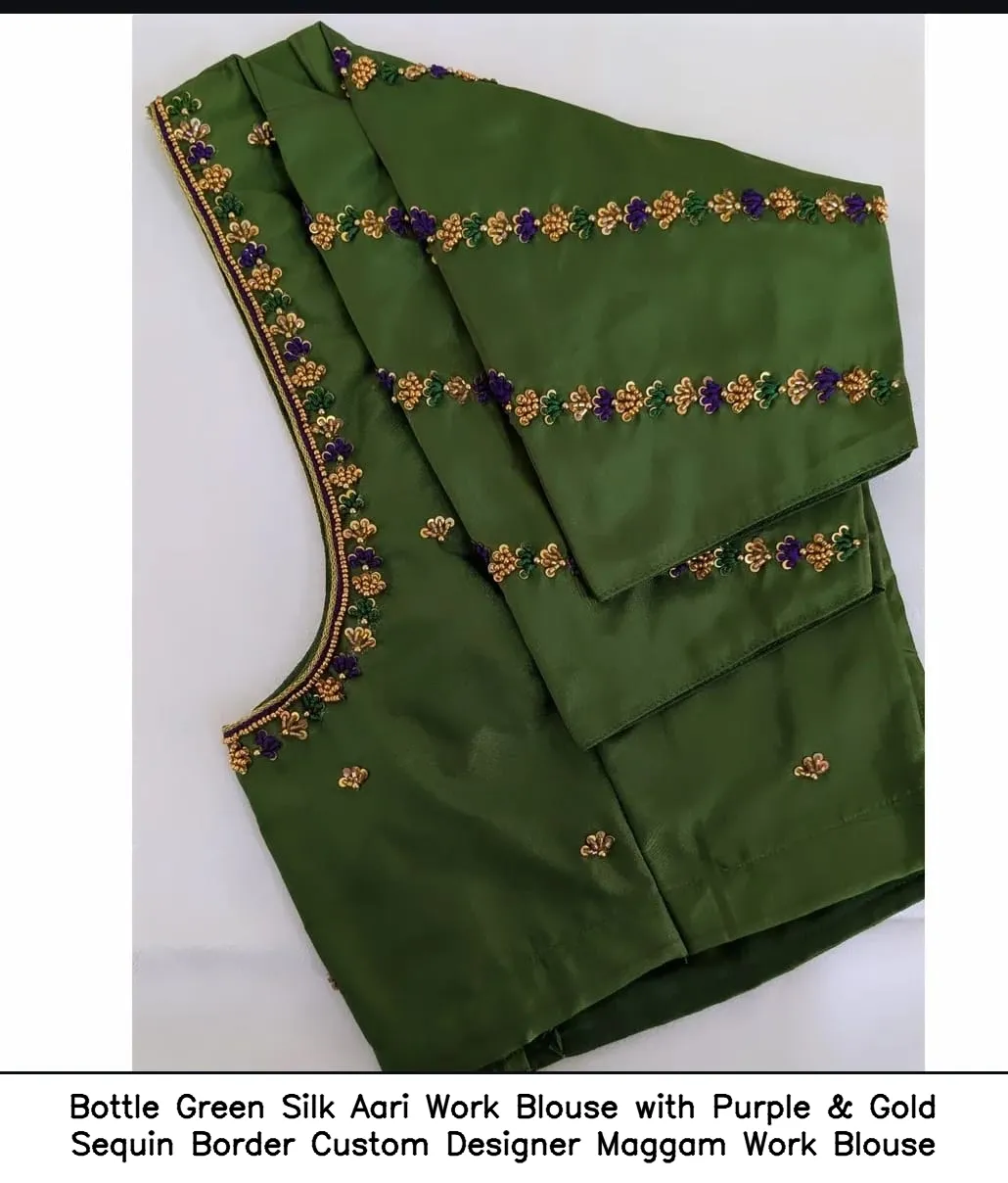 ​​Bottle Green Silk Aari Work Blouse with Purple & Gold Sequin Border – Custom Designer Maggam Work Blouse