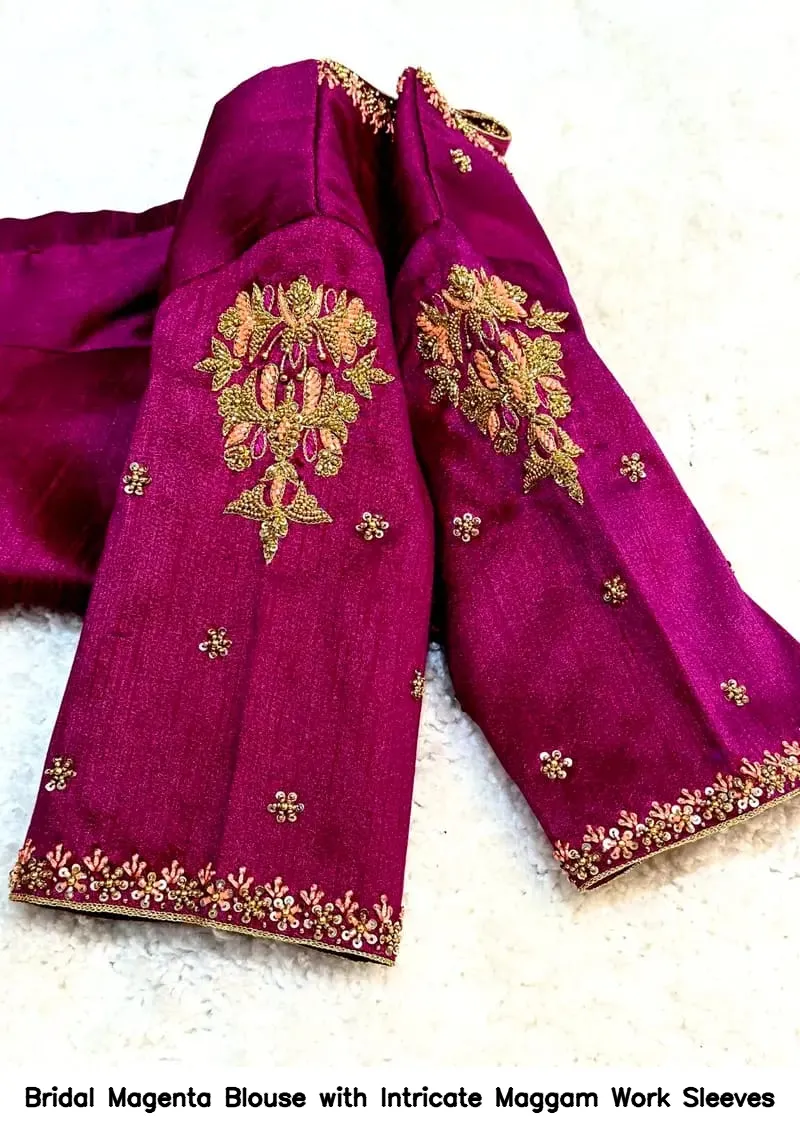 ​​Bridal Magenta Blouse with Intricate Maggam Work Sleeves