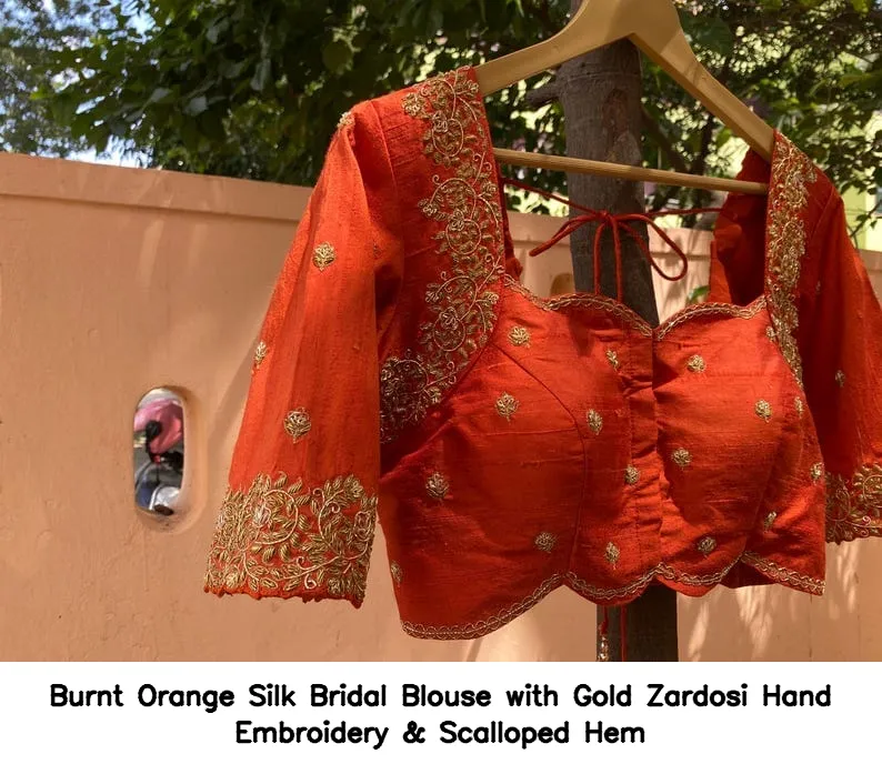 ​​Burnt Orange Silk Bridal Blouse with Gold Zardosi Hand Embroidery & Scalloped Hem