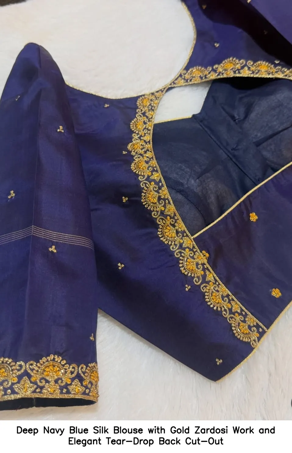 ​​Deep Navy Blue Silk Blouse with Gold Zardosi Work and Elegant Tear-Drop Back Cut-Out