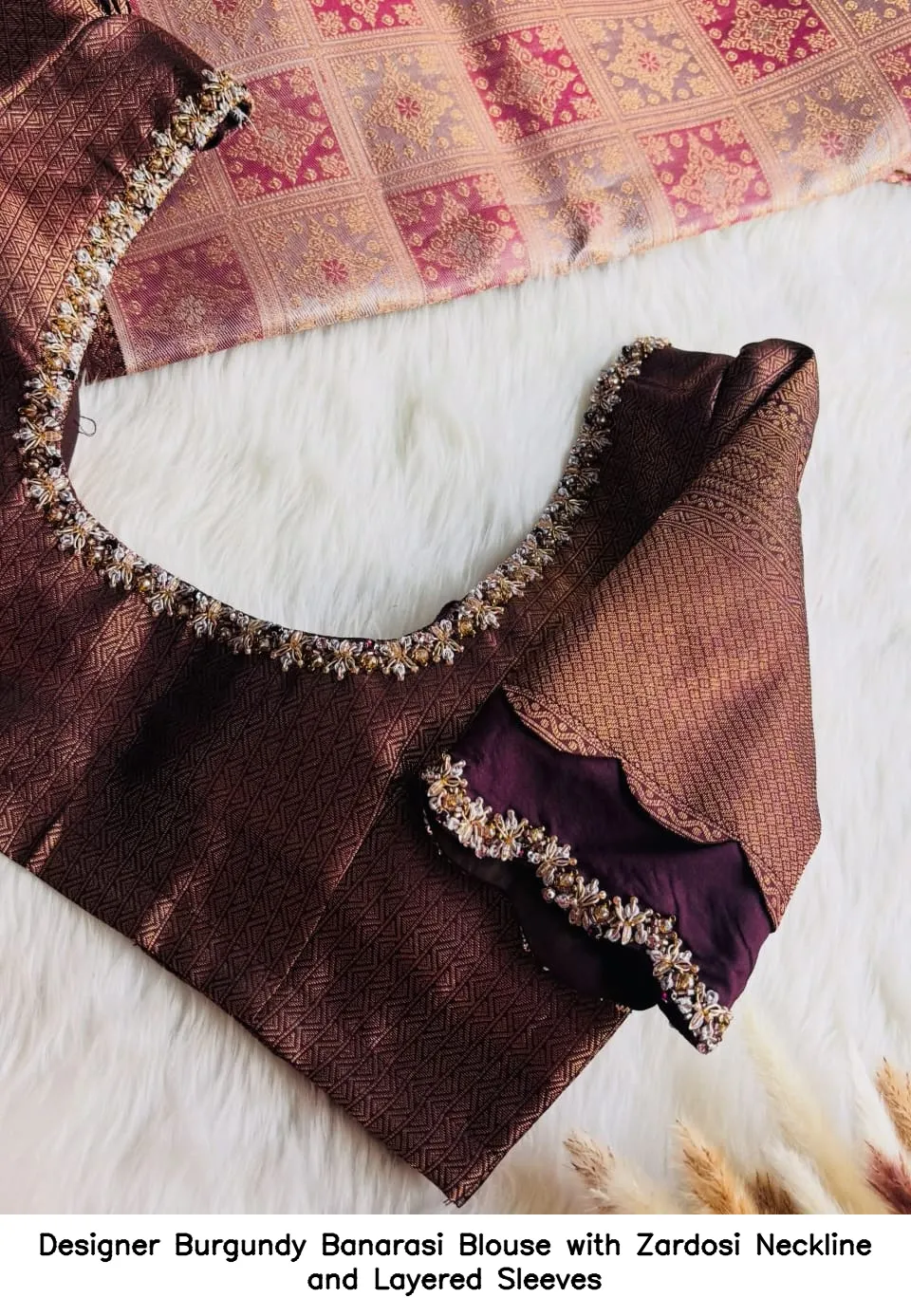 ​​Designer Burgundy Banarasi Blouse with Zardosi Neckline and Layered Sleeves