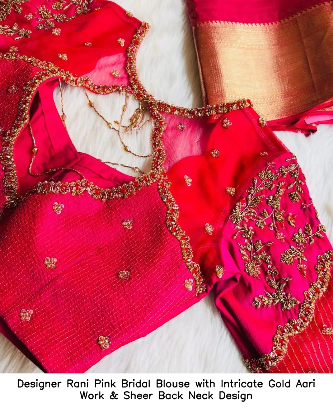 ​​Designer Rani Pink Bridal Blouse with Intricate Gold Aari Work & Sheer Back Neck Design