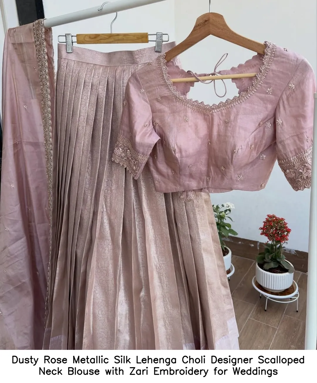 ​​Dusty Rose Metallic Silk Lehenga Choli – Designer Scalloped Neck Blouse with Zari Embroidery for Weddings