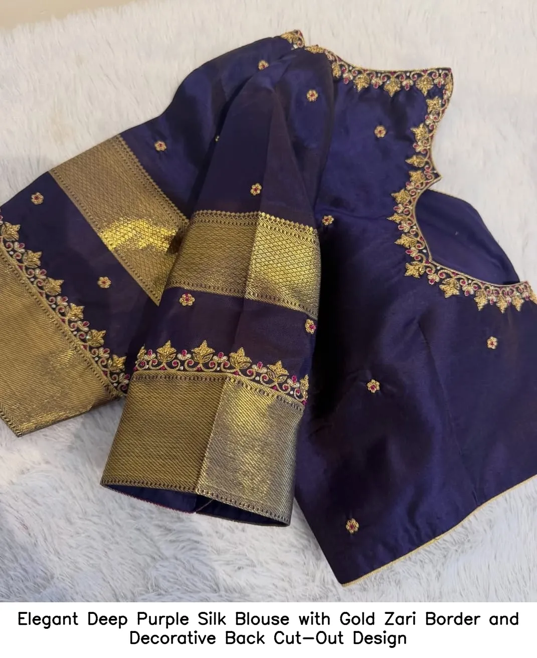 ​​Elegant Deep Purple Silk Blouse with Gold Zari Border and Decorative Back Cut-Out Design