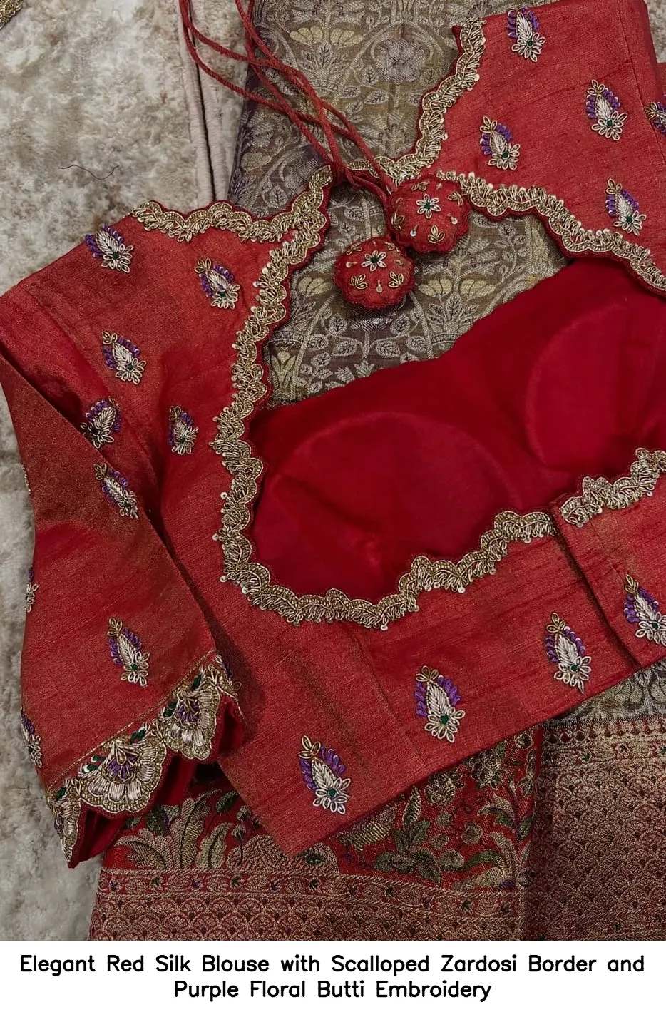 ​​Elegant Red Silk Blouse with Scalloped Zardosi Border and Purple Floral Butti Embroidery