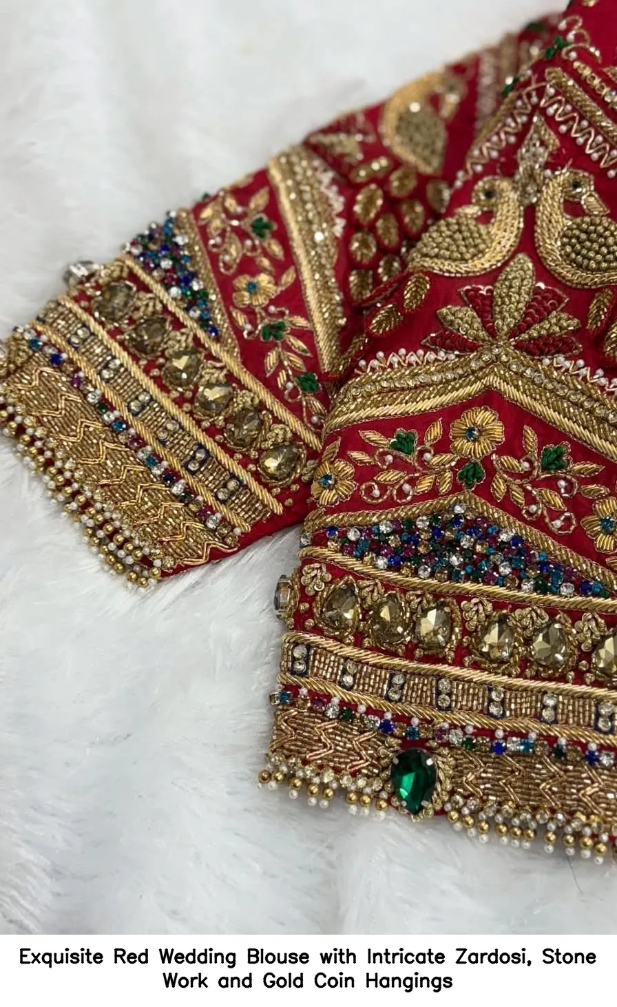 ​​Exquisite Red Wedding Blouse with Intricate Zardosi, Stone Work and Gold Coin Hangings