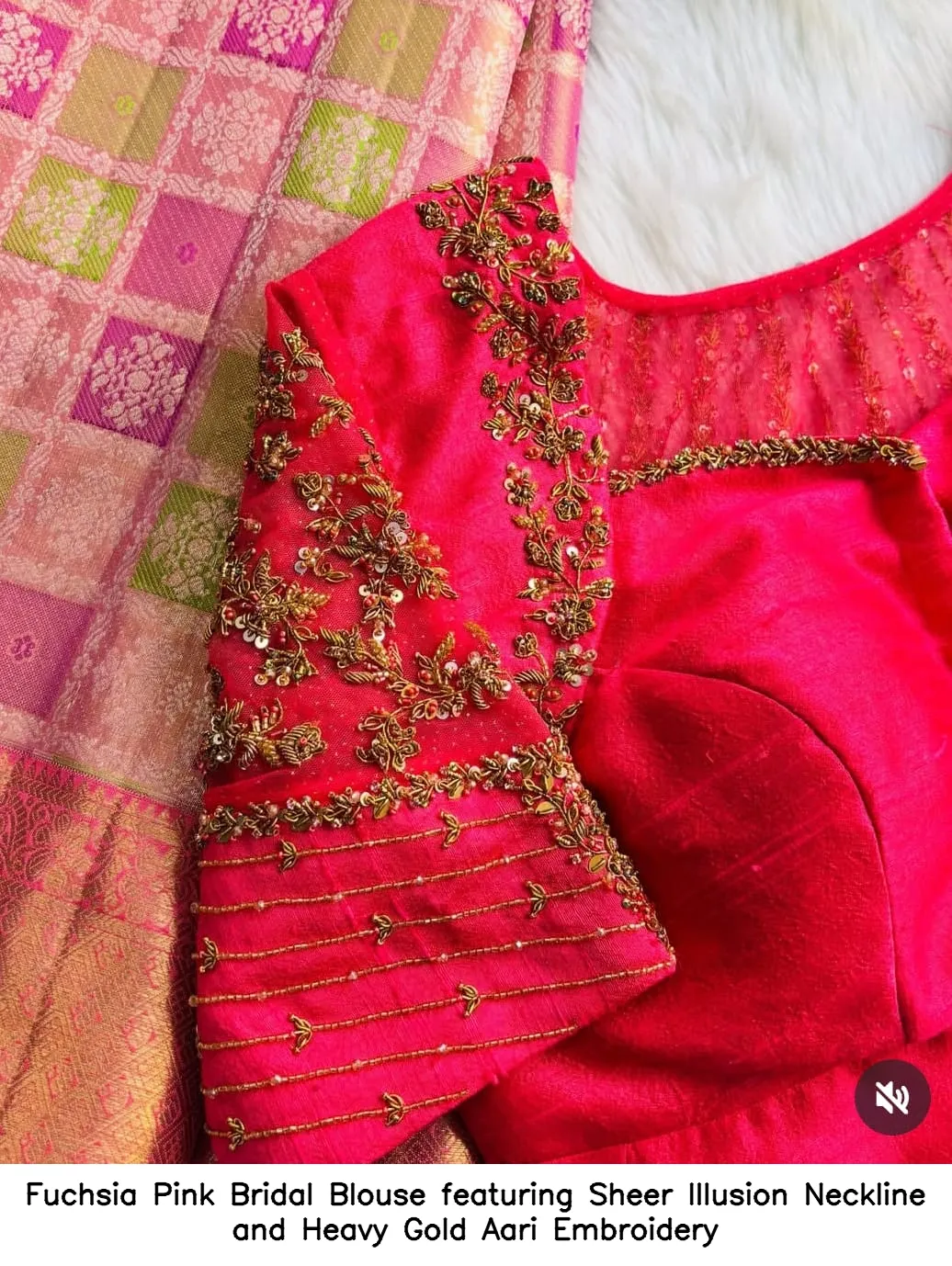 ​​Fuchsia Pink Bridal Blouse featuring Sheer Illusion Neckline and Heavy Gold Aari Embroidery