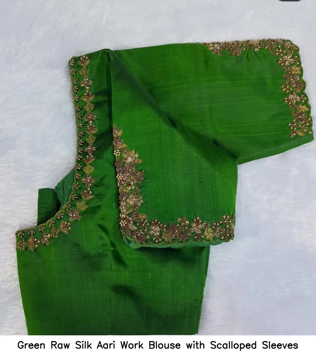 ​​Green Raw Silk Aari Work Blouse with Scalloped Sleeves