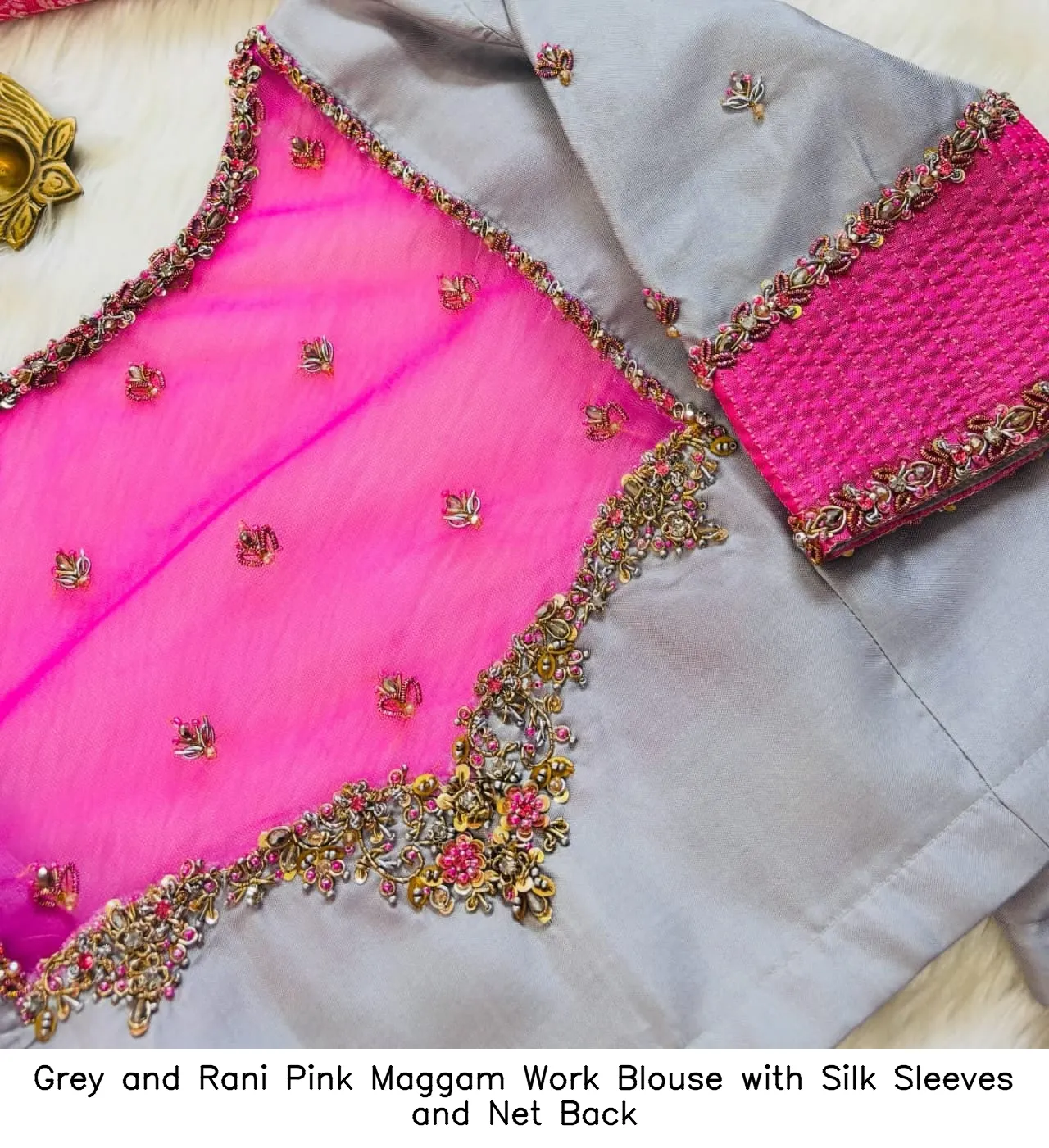 ​​Grey and Rani Pink Maggam Work Blouse with Silk Sleeves and Net Back