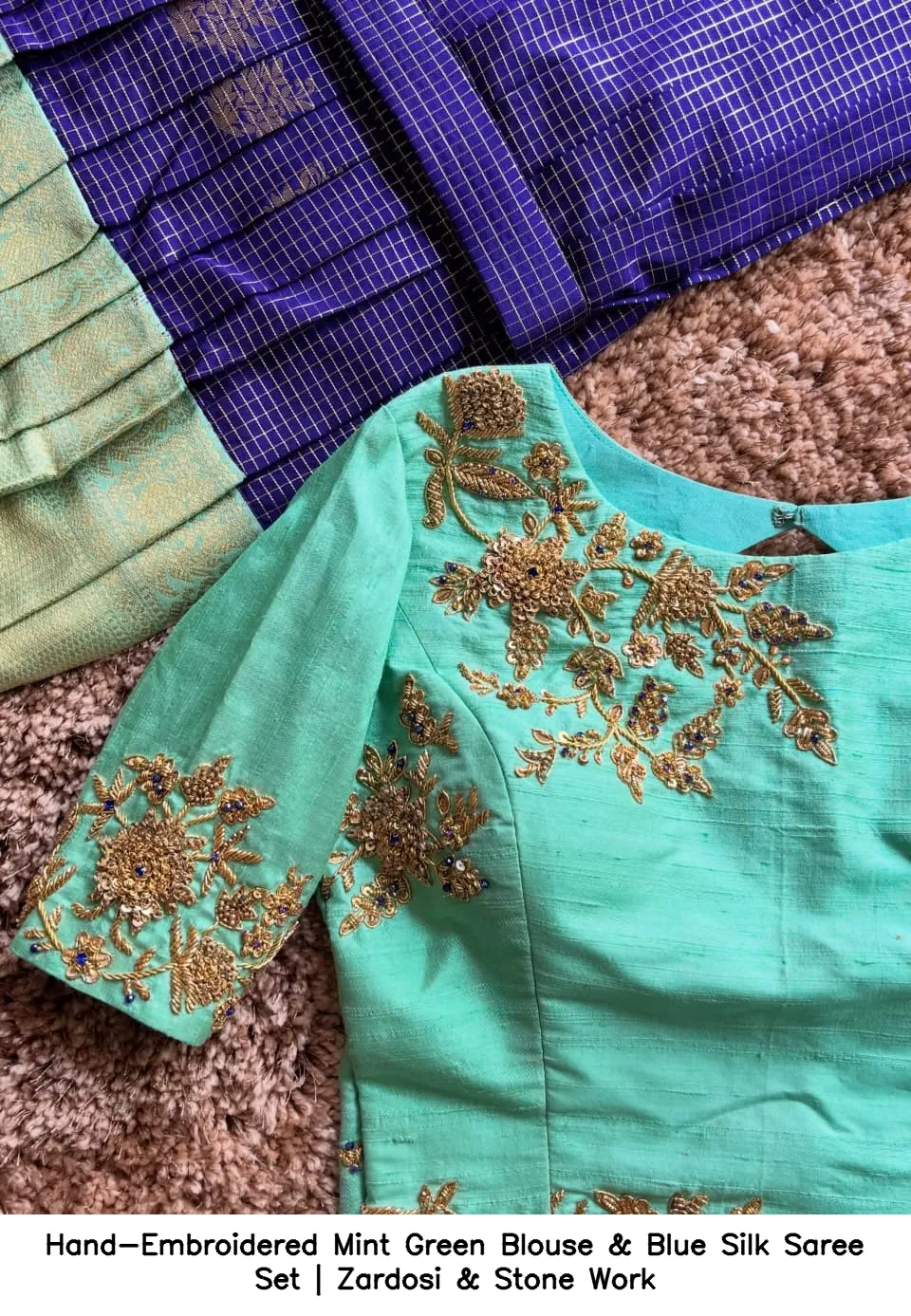​​Hand-Embroidered Mint Green Blouse & Blue Silk Saree Set | Zardosi & Stone Work