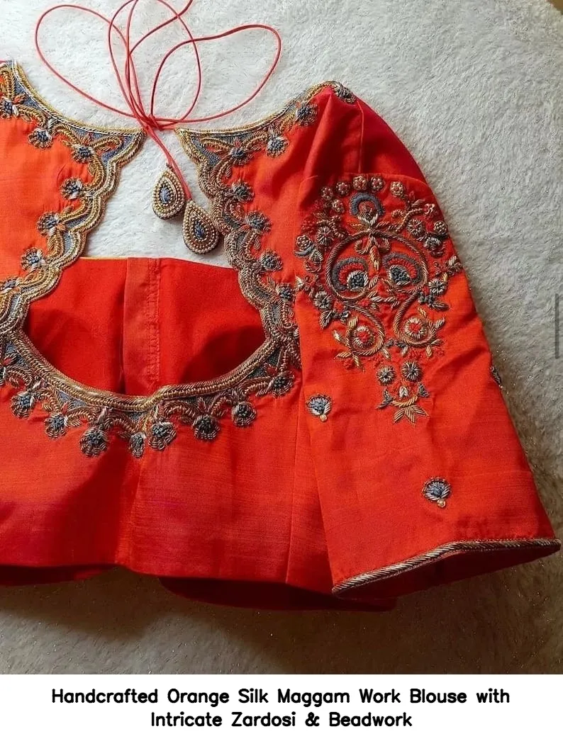 ​​Handcrafted Orange Silk Maggam Work Blouse with Intricate Zardosi & Beadwork