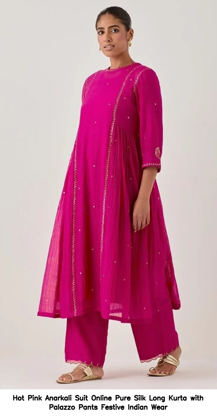 ​​Hot Pink Anarkali Suit Online – Pure Silk Long Kurta with Palazzo Pants – Festive Indian Wear