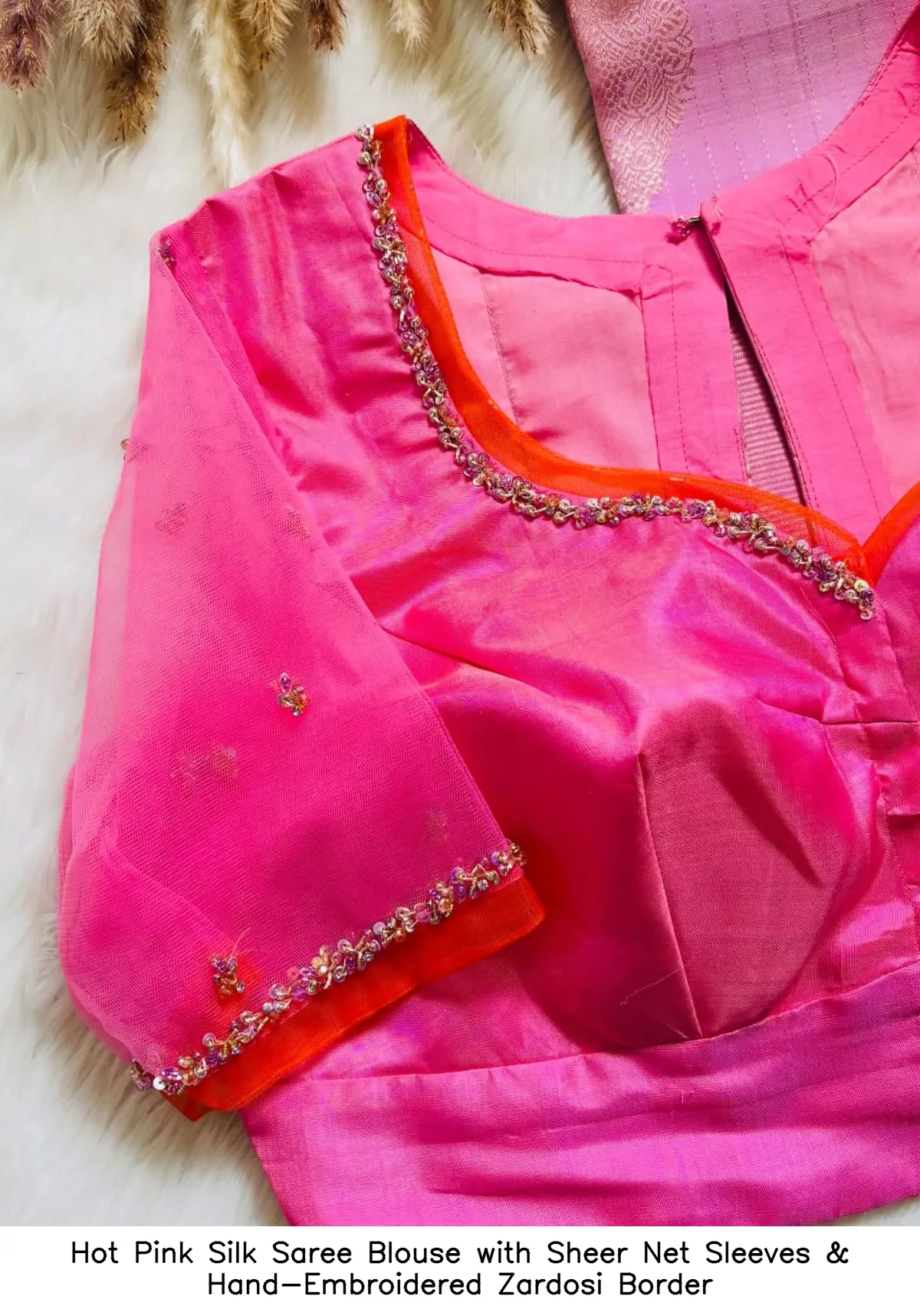 ​​Hot Pink Silk Saree Blouse with Sheer Net Sleeves & Hand-Embroidered Zardosi Border
