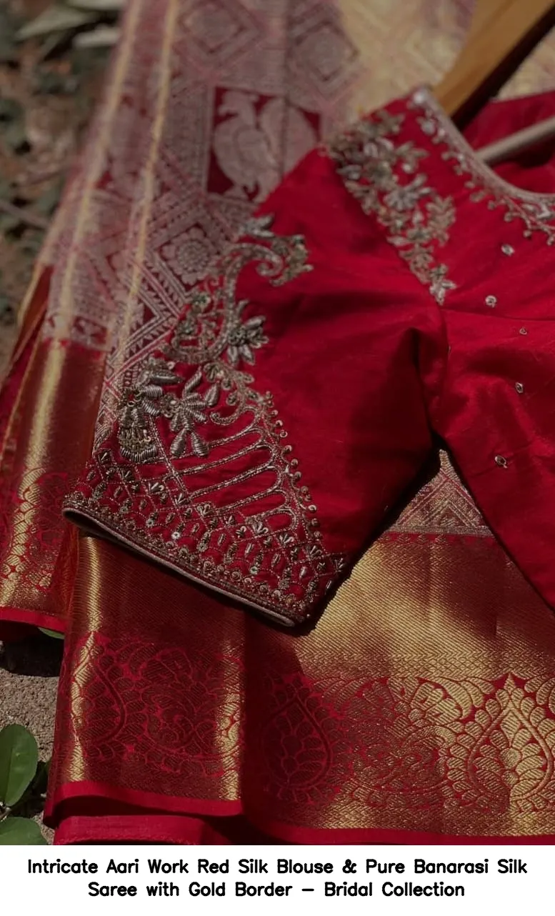 ​​Intricate Aari Work Red Silk Blouse & Pure Banarasi Silk Saree with Gold Border - Bridal Collection
