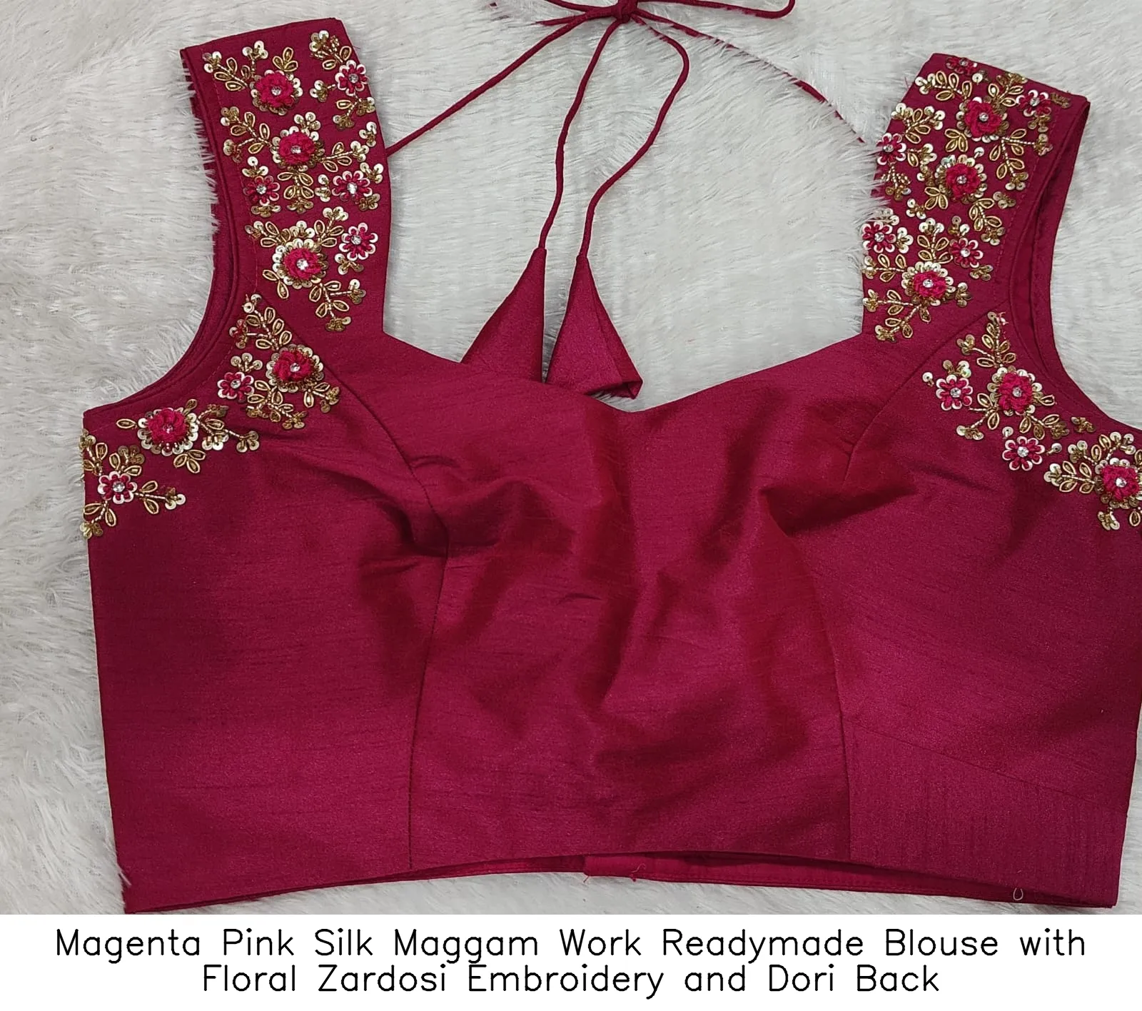 ​​Magenta Pink Silk Maggam Work Readymade Blouse with Floral Zardosi Embroidery and Dori Back