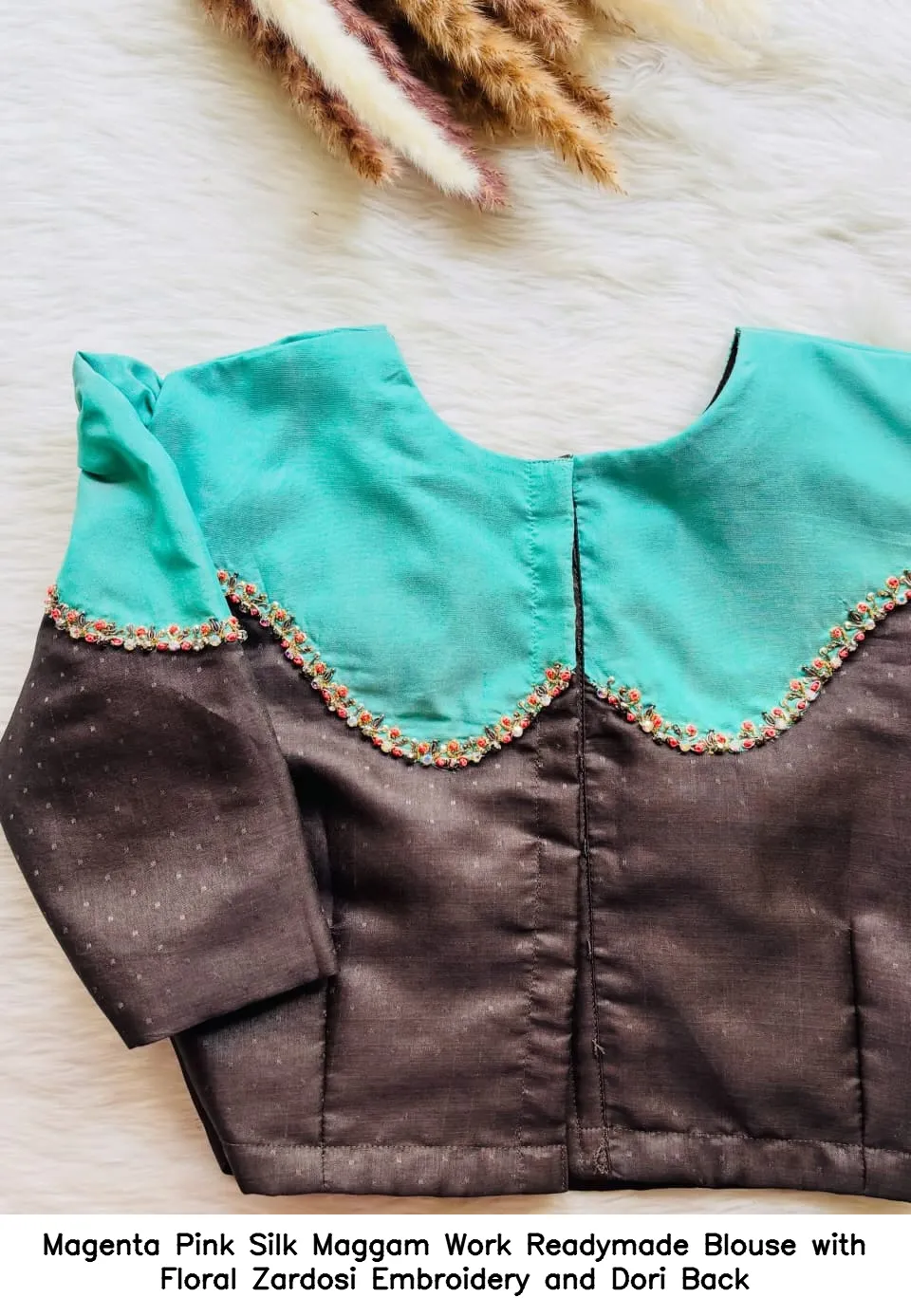 ​​Magenta Pink Silk Maggam Work Readymade Blouse with Floral Zardosi Embroidery and Dori Back