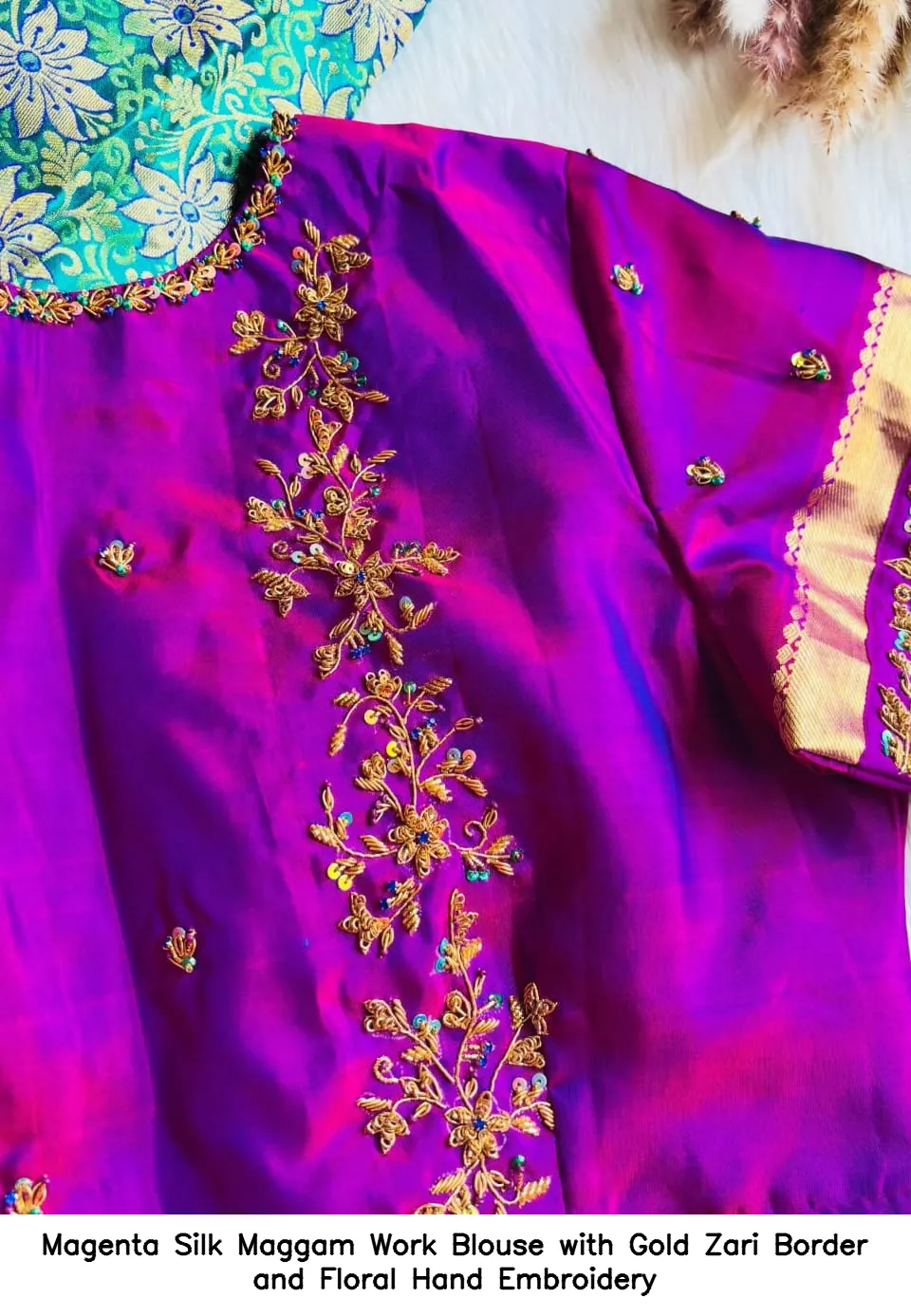 ​​Magenta Silk Maggam Work Blouse with Gold Zari Border and Floral Hand Embroidery