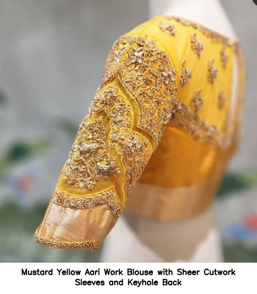 ​​Mustard Yellow Aari Work Blouse with Sheer Cutwork Sleeves and Keyhole Back