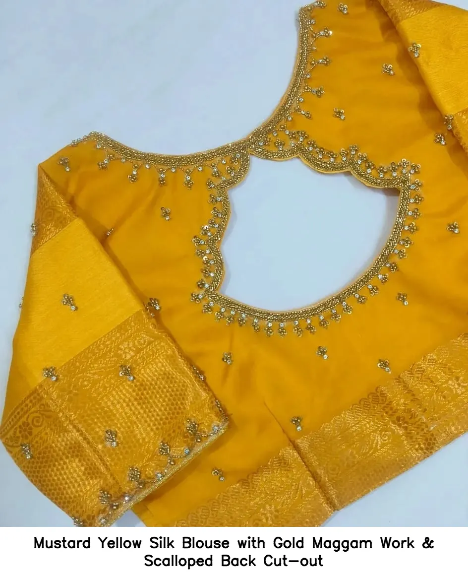 ​​Mustard Yellow Silk Blouse with Gold Maggam Work & Scalloped Back Cut-out