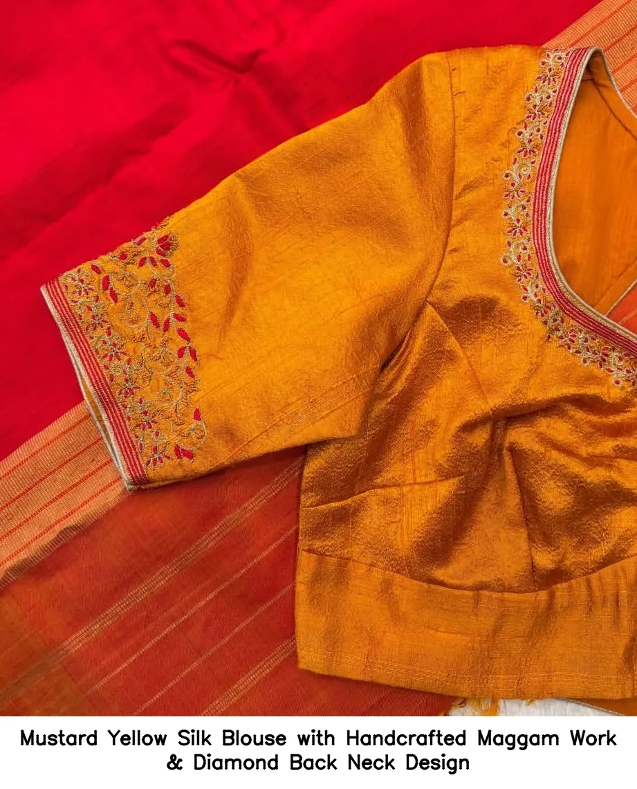 ​​Mustard Yellow Silk Blouse with Handcrafted Maggam Work & Diamond Back Neck Design